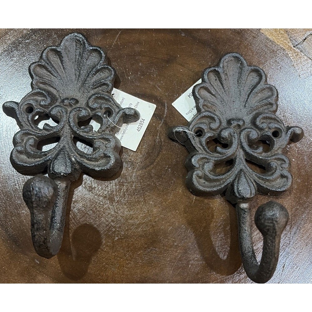 2 New Vintage CastIron Wall Hook Ornate Rustic Farmhouse Decor Dark Brown/Black
